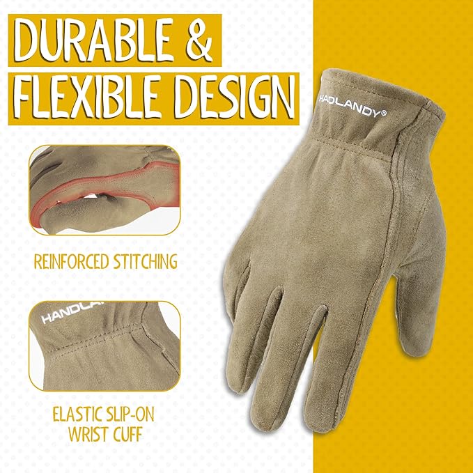 HANDLANDY Kids Genuine Leather Work Gloves for ages 3-11, Children Gardening Gloves for Boys, Girls (Large (age8-11), 2 pairs)