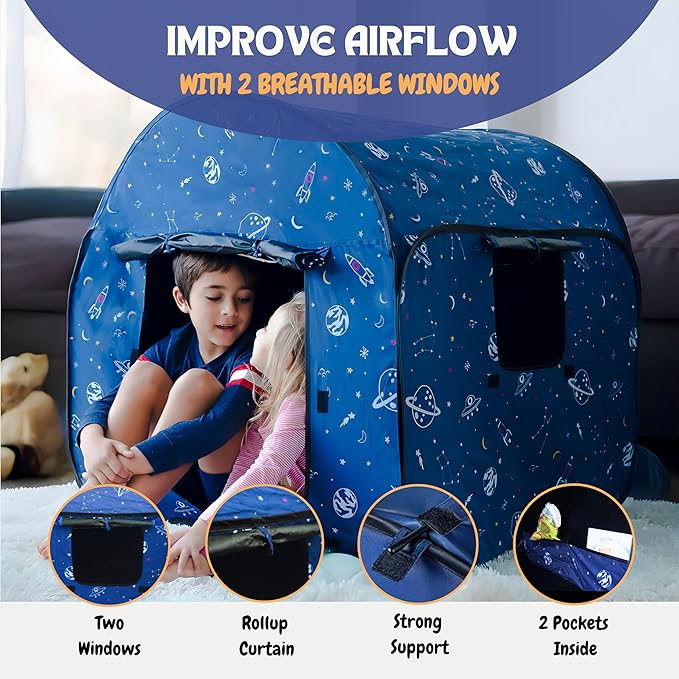 L’ARCHE Sensory Tent for Kids with LED Lights & Remote Blackout Pop-Up Calm Down for Autism, ADHD & SPD Indoor Sensory Room & Play Tent Foldable & Portable (Space Theme, Regular 35.4 in)