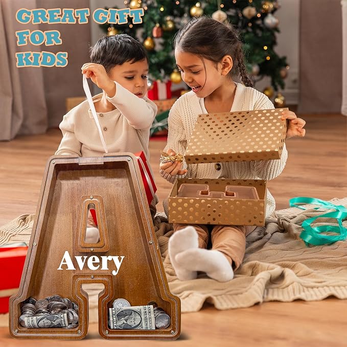 Wooden Letter Piggy Bank for Kids Larger Letter Piggy Bank for Boys and Girls Personalized Piggy Bank Initial Coin Bank Wood Kids Money Bank for Birthday and Festival