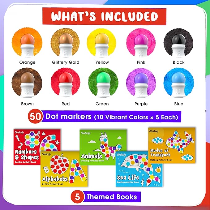 Chalkola 50 Dot Markers Bulk Classroom Pack (10 Colors W/Gold, 5 Activity Books) | Washable Bingo Daubers for Kids Toddlers Ages 1 2 3 4 5 - Art & Craft School Supplies for Preschool, Kindergarten