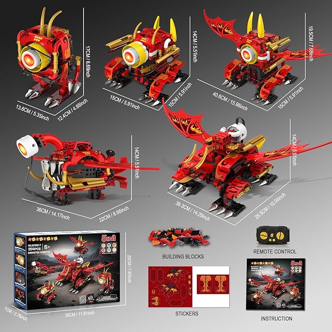 HOGOKIDS 5-in-1 Dragon Robot Building Toys with 6 Lighting Colors & 5 Light Effects - 354PCS Remote & App Control Robots Toy Set for Kids, RC Robot Building Toys Gifts for Teens Boys Girls Age 8-12