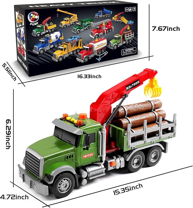 Dwi Dowellin Kids Toys for 3 4 5 6 7 Years Old Boys,15" Large Timber Truck with Loading Crane and 6 Trunks,Birthday Gifts for Boy Toddler Child