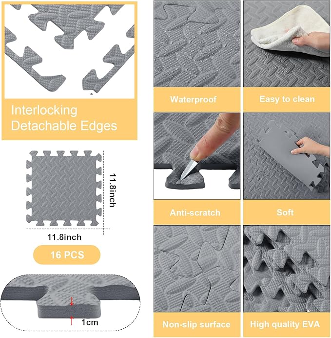Shihanee 16 Pcs Foam Floor Baby Tiles 11.81 x 11.81 inches Foam Floor Mats Play Mats Bulk with Borders Interlocking for Kids Baby Playroom Nursery Gym（Gray）