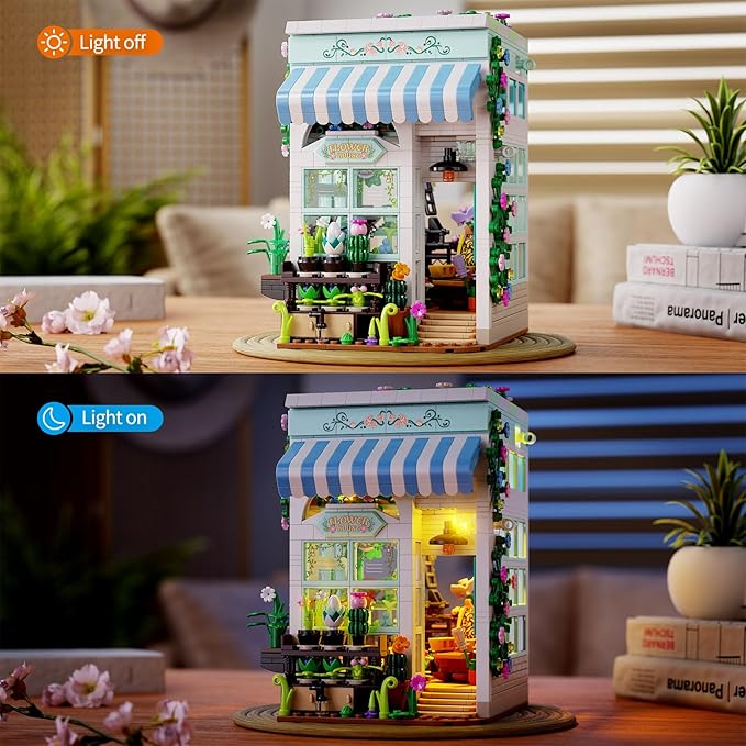 Flower House Building Set with LED Light, 1077 PCS Greenhouse Model Building Toy with Flowers Potted Plants, Garden House Book Nook Home Decor Birthday Gift for Adults Teens Girls Age 8-12