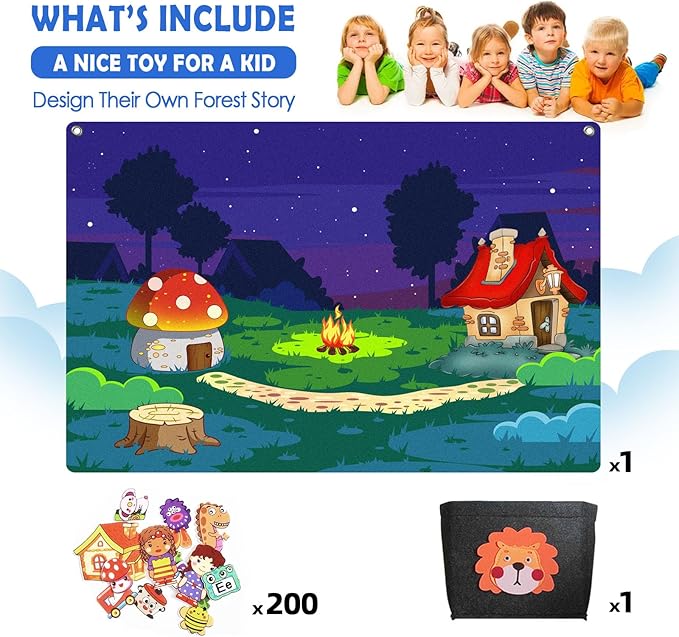 200Pcs Felt Story Board Set with Storage Bag Preschool Teaching Wall Flannel Busy Board Bonfire Party Themed Early Learning Interactive Play Toys Wall Hanging Gift for Toddlers Kids 40 X 28 Inch