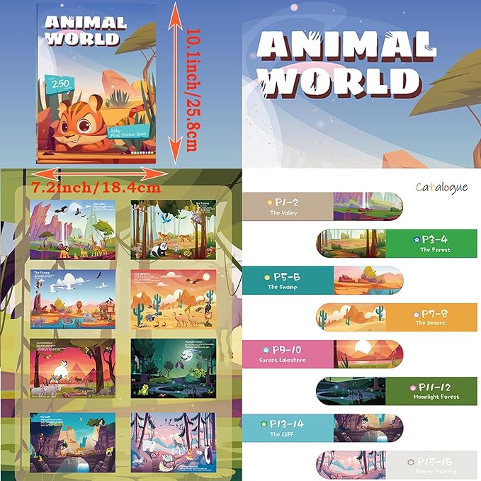 Sticker Book for Kids, 250+ Animal Stickers & 8 Scenes Activity Sheet, Reusable Busy Book, Seek and Find Sticker Coloring Pad, for Boys Girls Toddlers Ages 2-4 4-8 Years Old 3-5 6-7