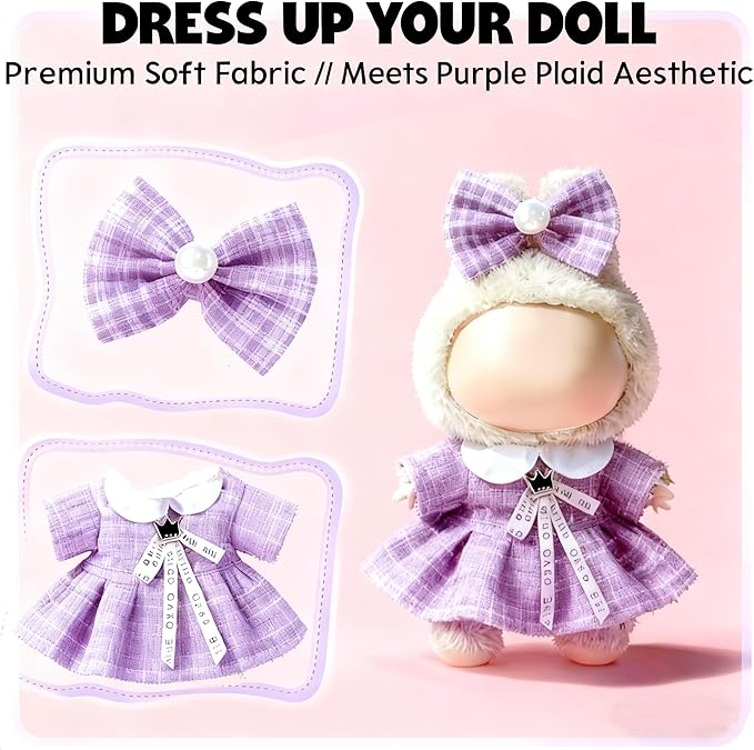 Clothes for LABUBU 17cm Doll (NO Doll), Outfit for LABUBU, Dress and Hairpin Set for LABUBU Dress Up, Fashion and Premium Dolls Accessories for LABUBU (Style O)