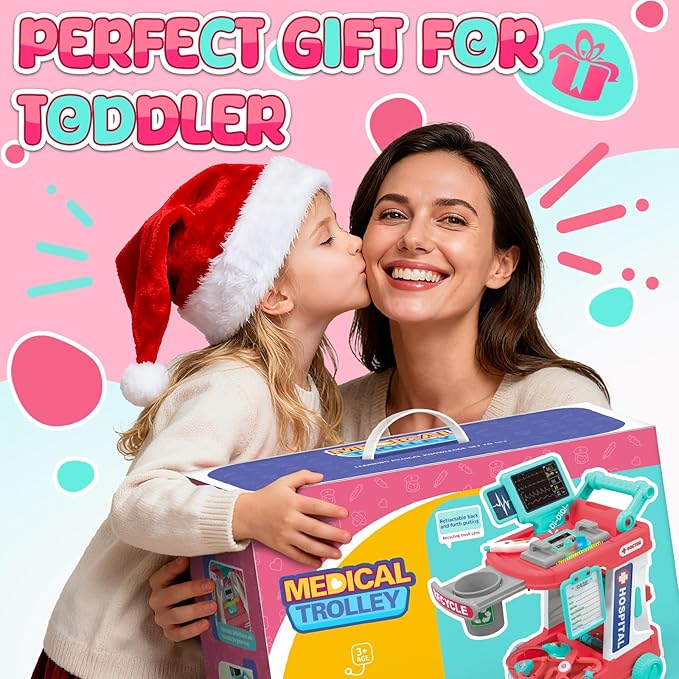 Upgraded Doctor Pretend Playset for Toddlers, Pretend Play Medical Toy Doctor Cart, Doctor Toy for Toddlers 3-5, Christmas Birthday Costume Role Play Dress Up Gift Ideas for Boys Girls