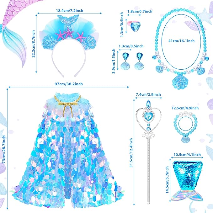 Princess Dress Up Toys Princess Dress Up Clothes Rainbow Mermaid Cape Kit 9 Pcs Gift Set for Little Girls 3-8 Years