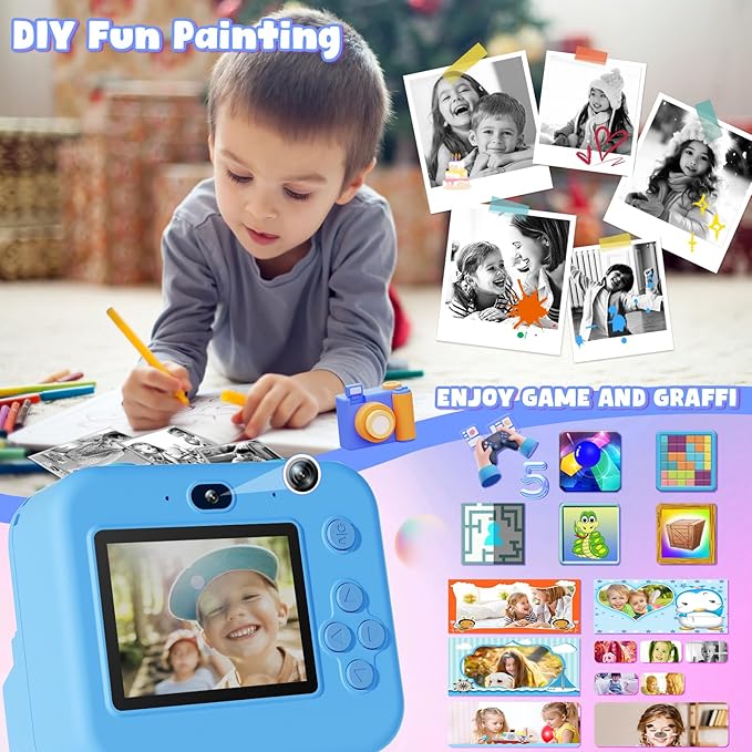 Kids Camera Instant Print - 1080P HD Video Digital Camera for Toddler with Printing Photo Paper, Portable Toy for 4 5 6 7 8 9 10 Years Old, Christmas Birthday Gifts for Boys Girls (Blue)