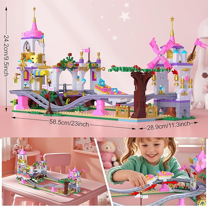 Castle Roller Coaster Building Set, STEM Amusement Park Construction Kit for Kids, Creative Pink Playground Blocks Birthday for Girls Boys Ages 6-12 (749Pcs)