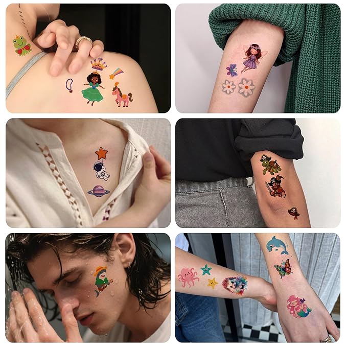 326+ PCS 60 Sheets Mixed Styles Temporary Tattoos for kids - Cute Watercolor Animals Tattoos Stickers with Mermaid Truck Dinosaur Space Pirate for Girls Boy Body Arm Birthday Party Supplies Gifts