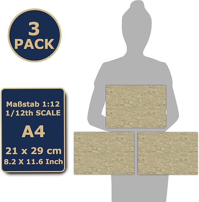 3 Sheets Self-Adhesive Wall Cladding for Dollhouse 1:12 Scale (Mediterranean Stone Wall)
