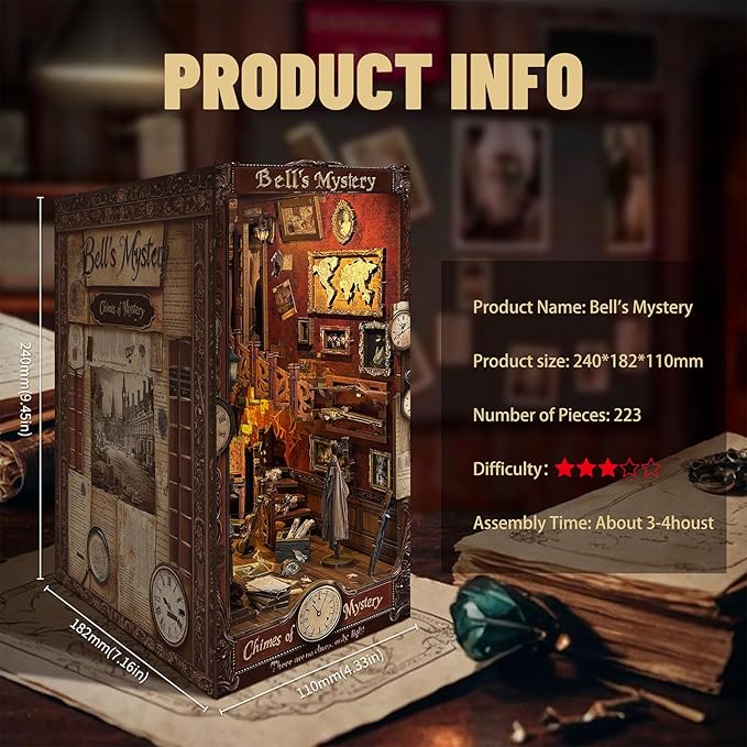 DIY Book Nook Kit, DIY Miniature Dollhouse Kits for Adults and Teens, Book Nook Bookshelf Insert Decor 3D Wooden Puzzle Bookend Miniature Kit with Sensor Light Creative Craft(Bell's Mystery)