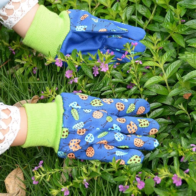 HANDLANDY 2 Pairs Kids Gardening Gloves, Girls Boys Children Garden Work Play Gloves (Green Ladybug & Dot, Medium)