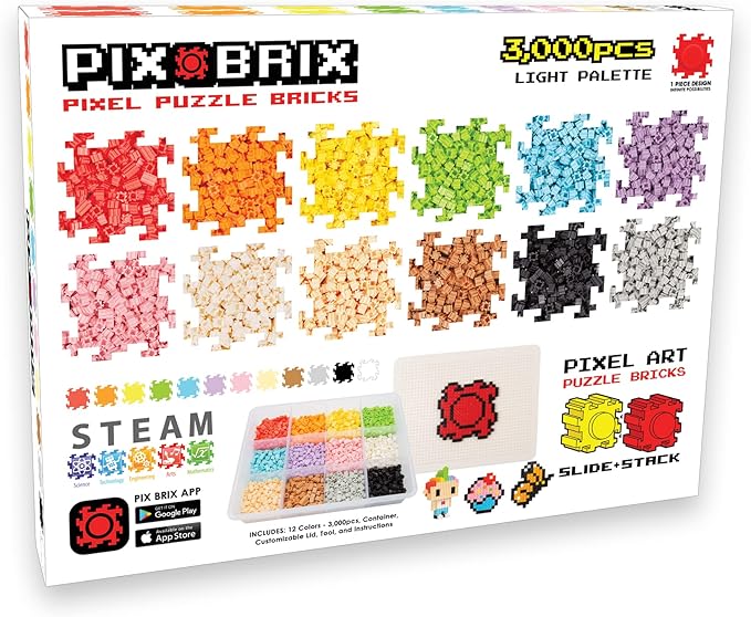 Pix Brix Pixel Art kit Puzzle Bricks - 3,000 Piece Pixel Art Container, 12 Color Light Palette - Interlocking Building Bricks, Create 2D and 3D Builds Without Water or Glue - Stem Toys, Ages 6 Plus