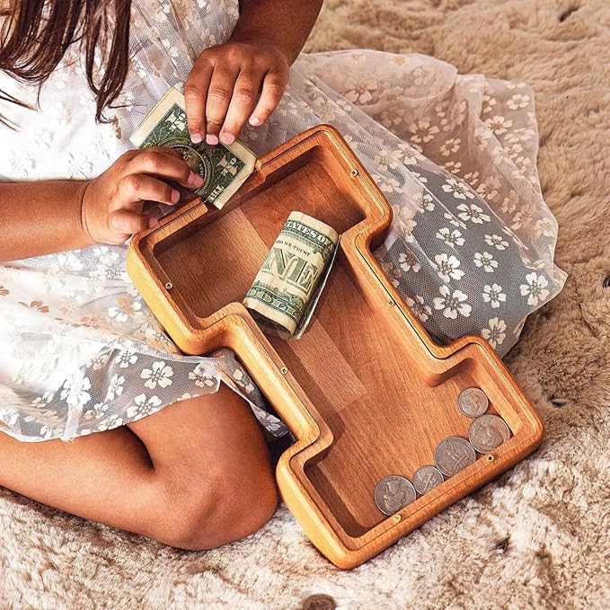 Personalized Wooden Piggy Bank – Custom Letter I Coin Bank in Beech Wood with Clear Acrylic Front, Engraved Name Option, Money Saving Box for Kids and Adults