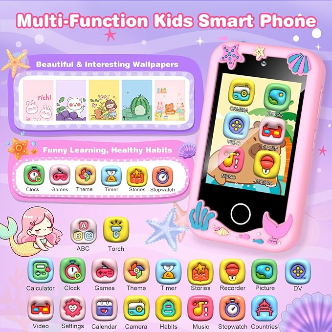 Kids Smart Phone Christmas Birthday Gifts for Boys Age 3-10 Dinosaur Toys Smart Phone 2.8" Touchscreen Built-in 32G SD Card Dual Camera 28 Learning Games Music Player MP3 Music Player