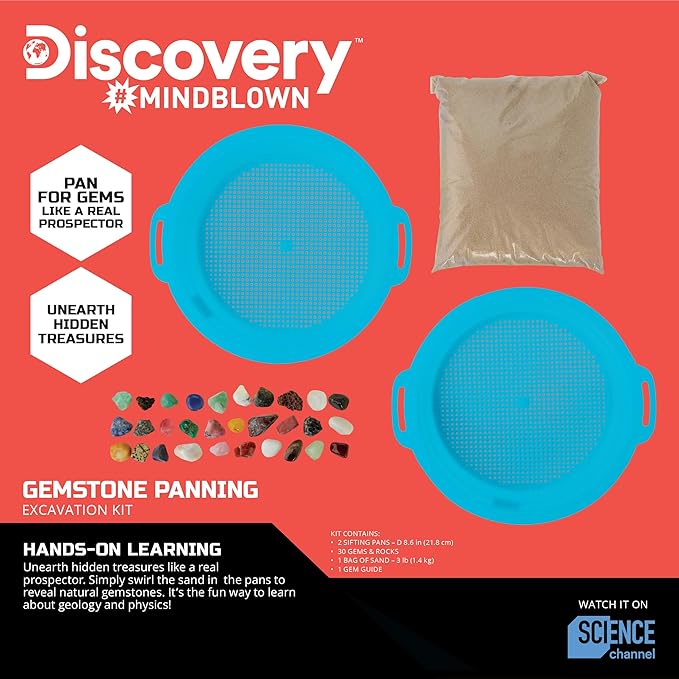 Discovery™ Gemstone Panning STEM Kit – Pan for 30 Real Gems| 2 Sifting Pans, Sand & Learning Guide| Educational Science Activity for Kids| Geology Rock Excavation Set| Boys & Girls Toy Gift| Ages 8+