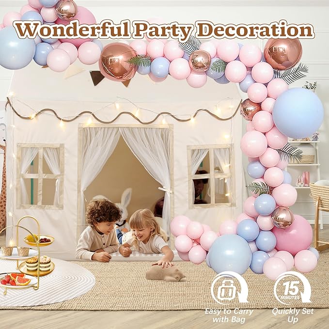 Kids Play Tent, Toddlers Large Playhouse with Mat, Star String, Flag, Machine Washable, Indoor and Outdoor Play Tent for Kids, Girls & Boy Aged 3+, 50" x 34" x 51", Cream