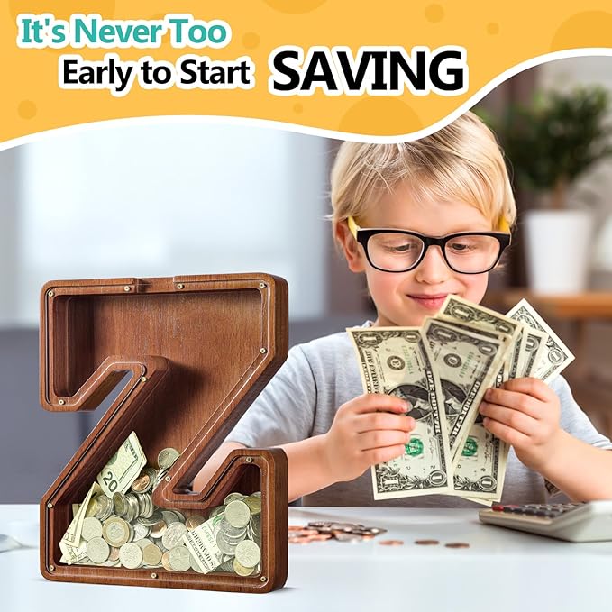 Summidate Customized Name Large Wooden Piggy Bank for Kids Boys Girls Alphabets Letter A-Z Coins Bills Money Change Bank Box Initial on Clear Cover (Laser Engraved) (Alphabet-Z, Personalized-12)