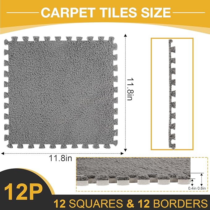 12 Pcs Plush Interlocking Carpet Tiles, Non-Toxic Shaggy Foam Carpet Tiles for Toddler Baby, Machine-Washable, Anti-Slip, EVA Foam Interlocking Tiles for Floor, Nursery, Playroom, Grey