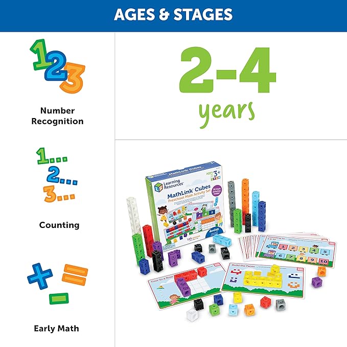 Learning Resources MathLink Cubes Preschool Math Activity Set - Classroom Must Haves, Teacher School Supplies, Toddler Montessori Toys,Building Blocks, Math Manipulatives, Homeschool Games