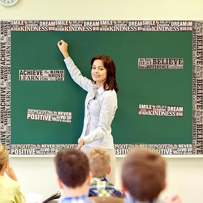 BeYumi Positive Sayings Border Trim - 80Pcs Back to School Wood Grain Farmhouse Positive Sayings Straight Bulletin Board Borders Grainy Motivational Inspirational Quota School Offices Chalkboard Decor