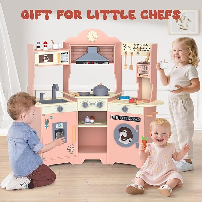 ANPABO Play Kitchen for Kids, Wooden Kids Kitchen Playset for Toddlers with Real Lights & Sounds, Pretend Play Toys with Coffee & Ice Maker, 30Pcs Toy Kitchen Accessories Gift for Boys & Girls