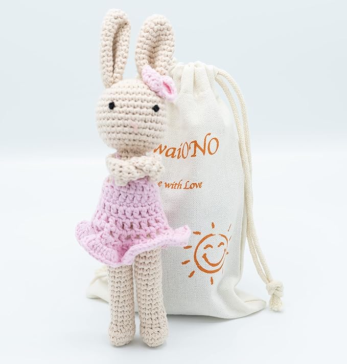 Crochet Stuffed Animal - Adorable Handmade Bunny Daughter Plushie Doll with Pink Dress, Ideal for Infants - Knitted Stuffed Animal Crocheted Stuffed Animals for Newborns