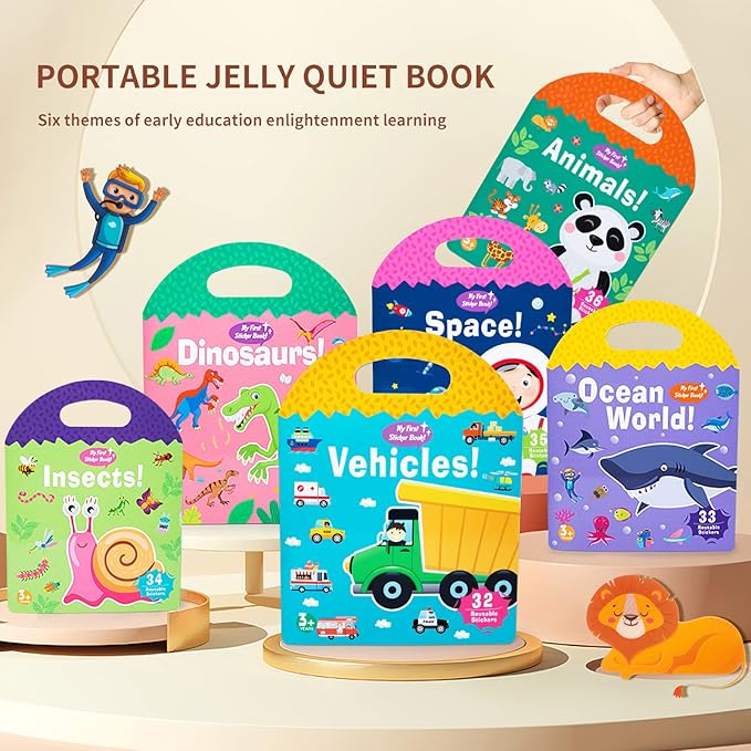 6 Pack Jelly Reusable Sticker Books for Toddlers 1-3 2-4 Years, Portable Travel Toys Sticker Activity Book for Kids 2 3 4 Year Old Girls Boys, Animal Insect Dinosaur Ocean Space Car