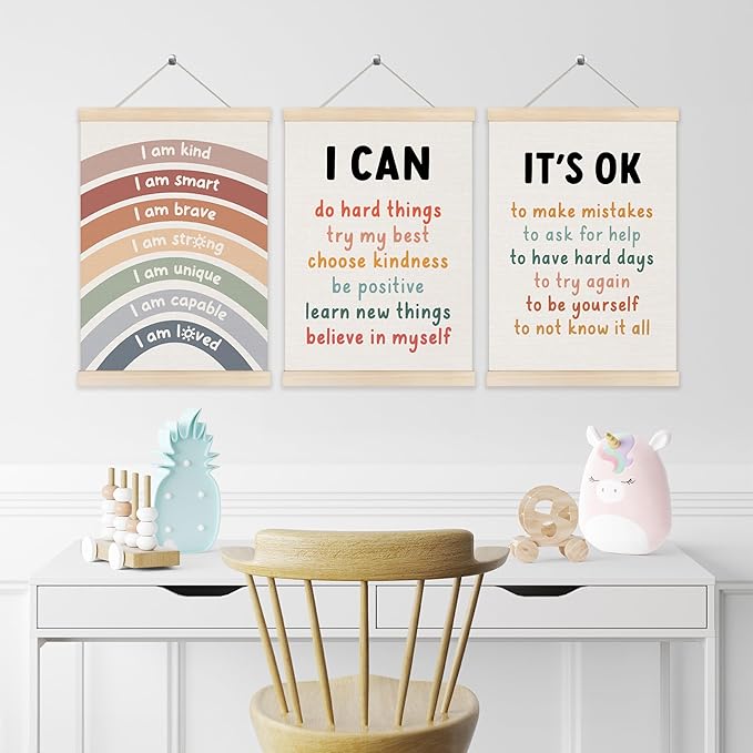 Koesus Inspirational Classroom Rainbow Wall Art Poster Hanger Frame 12x16 Inch Set of 3, Positive Affirmations for Kids, Motivational Canvas Prints Framed Wall Decor for Classroom Kids Room Playroom