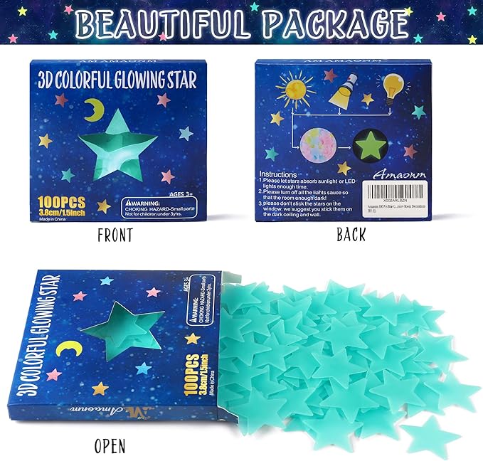 AM AMAONM 100 Pcs Blue Glow in The Dark Luminous Stars Fluorescent Noctilucent Plastic Wall Stickers Murals Decals for Home Art Decor Ceiling Wall Decorate Kids Babys Bedroom Room Decorations