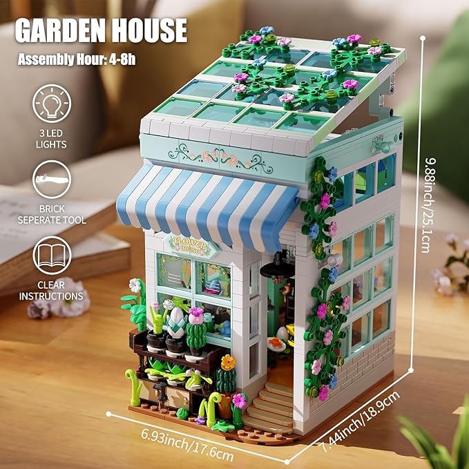 Flower House Building Set with LED Light, 1077 PCS Greenhouse Model Building Toy with Flowers Potted Plants, Garden House Book Nook Home Decor Birthday Gift for Adults Teens Girls Age 8-12