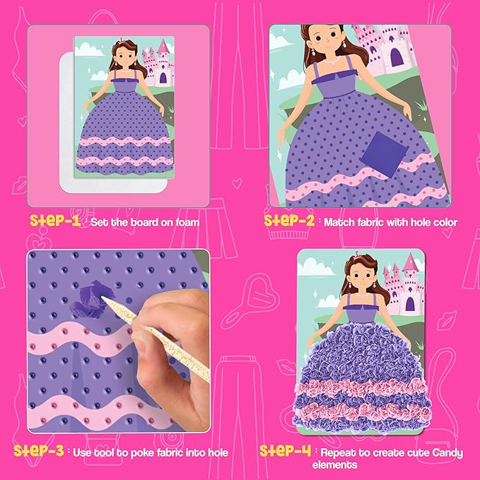 jackinthebox Poke Poke Art for Kids - Fashion Theme, Mess-Free Fabric Art and Craft, Flower Pressing Kits, Gift for Kids, Girl Gifts, Toys for Girls Ages 4 5 6 7 8