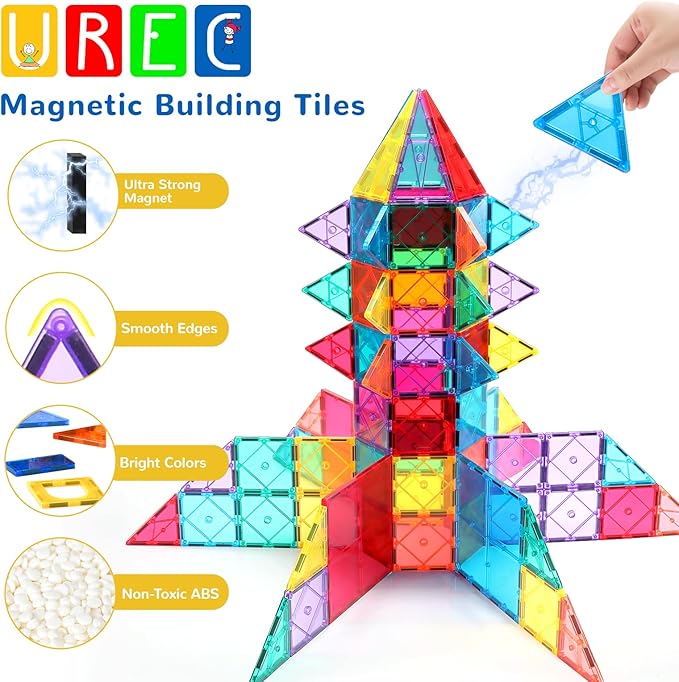 Magnetic Tiles - 104 Pieces Magnetic Blocks for Kids, Magnet Tiles Building Blocks Set with 2 Cars, Construction STEM Toys Gift for Kids Boys 3 4 5 6 7 8 9+ Year Old