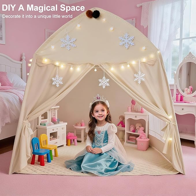 Kids Play Tent with Padded Mat Lights - Large Teepee 59x39x59in with Christmas Decor Kit Storage Bag Flag- Private Space for Reading - Birthday Gift for Boys Girls Ages 3-12