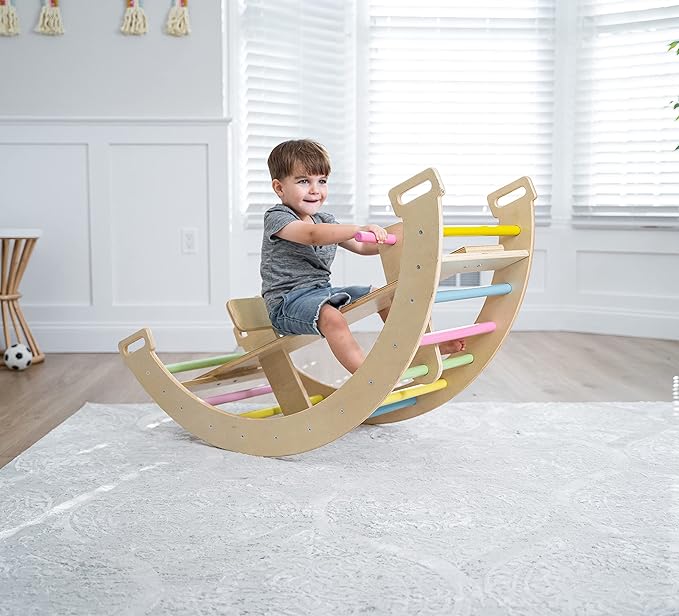 Avenlur Bailis Ultimate 3-in-1 Playset for Kids - Seesaw, Climbing Arch and Rocker - Waldorf and Montessori Climbing Toy for Children 2-6 Years - Toddler Climbing Toys (Colored)