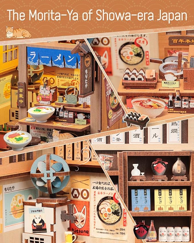 Cutefun Book Nook Kit - DIY Miniature House Kit for Adults, Japanese Tiny House Building Kit with LED, Dollhouse Kit Bookshelf Insert Decor Creative Gifts for Teens and Beginners (Morita Ramen)