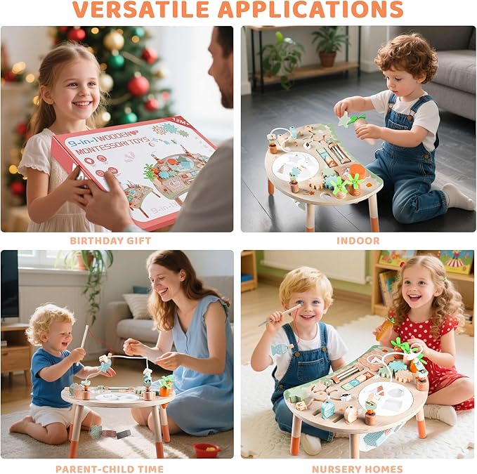 Activity Table for 1+ Year Old, 9-in-1 Montessori Wooden Sensory Play Table with Shape Sorter Fishing Game Bead Maze, Baby Activity Center Learning Toys for Toddler 12-18 Months