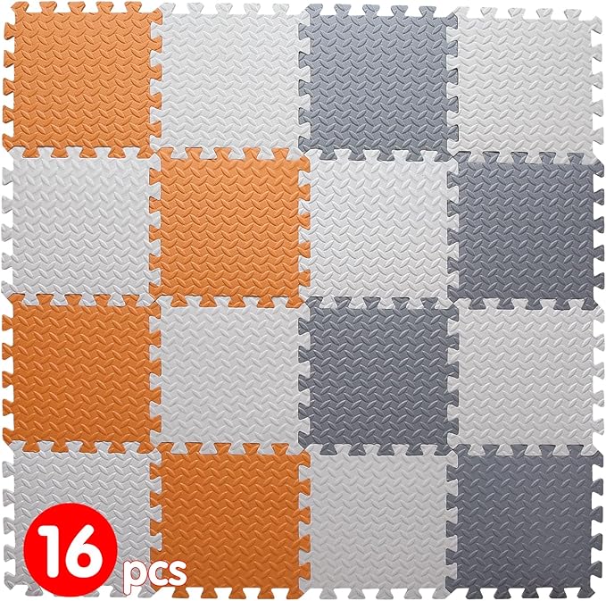 Play Mat for Babies 0-6 Months, Solid Colored Foam Floor Mat, Non-Toxic Interlocking Foam Puzzle Floor Mats, 0.4" Thick Square Kids Playmat丨47x47 Play Mat for Playpen (White/Gray/Orange)