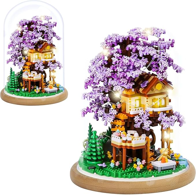 Cherry Blossom Bonsai Tree House DIY Building Flowers Set for Adults,2680PCS Challenging Mini Brick House Model Kit with LED Lights, Purple & Yellow Sakura Flowers, Includes Dust Cover for Display