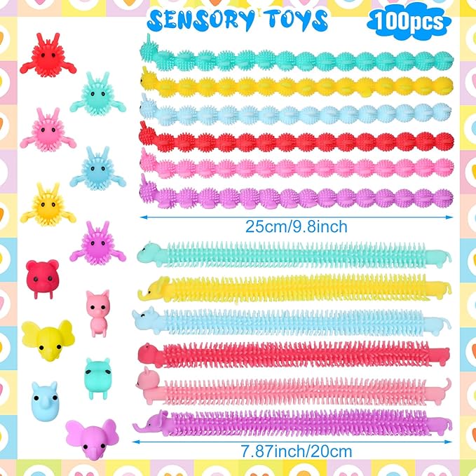 Chivao 100 Pack Bulk Stretchy String Fidget Toys Animal Sensory Toys for Kids and Adults Colorful Fidget Worm Stress Anxiety Relieve Party Favors Goodie Bag Fillers Birthday Gifts (Cute Style)