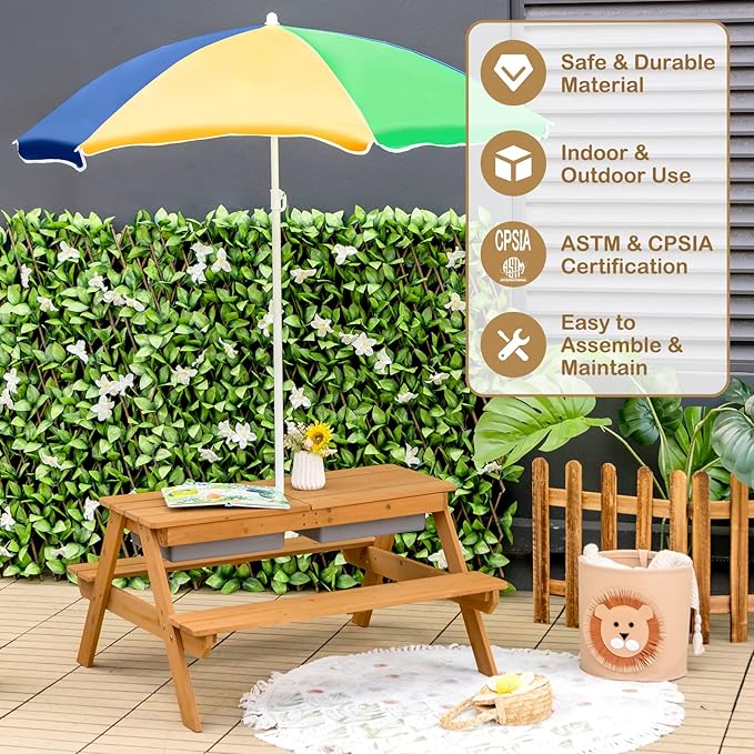 Costzon Kids Picnic Table with Sensory Bins, 4 in 1 Sand and Water Table with Height Adjustable Umbrella, Removable Tabletop, Wooden Kids Outdoor Table for Backyard Patio Play
