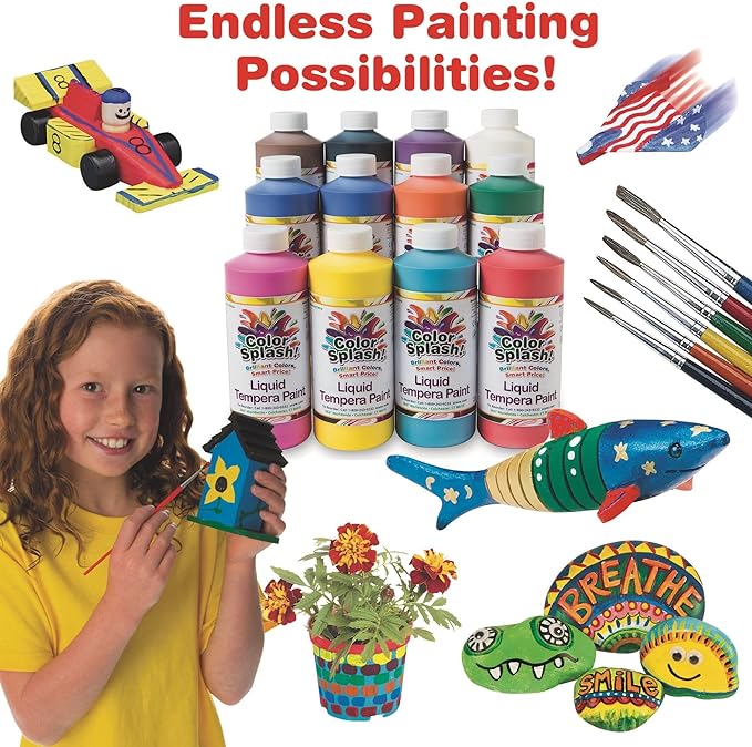S&S Worldwide Color Splash! Liquid Tempera Bulk Paint, Set of 12 in 11 Bright Colors, 16-oz Easy-Pour Squeeze Bottles, For Arts & Crafts, School, Classroom, Poster Paint, For Kids & Adults, Non-Toxic.