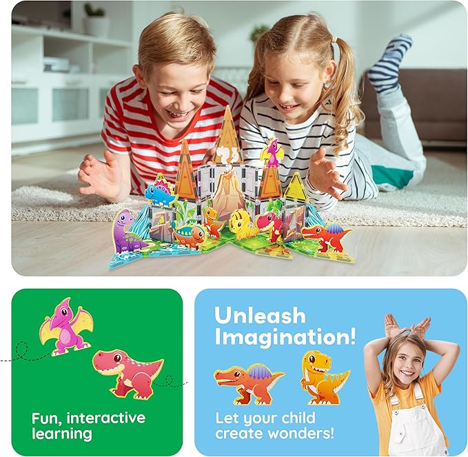 PicassoTiles 38pcs Magnet Tiles Building Blocks Dinosaur Theme Set with 8 Magnetized Action Figures Magnetic Construction Build and Play Toy with Magnets STEM Learning Activities for Toddlers 3+ PTQ13