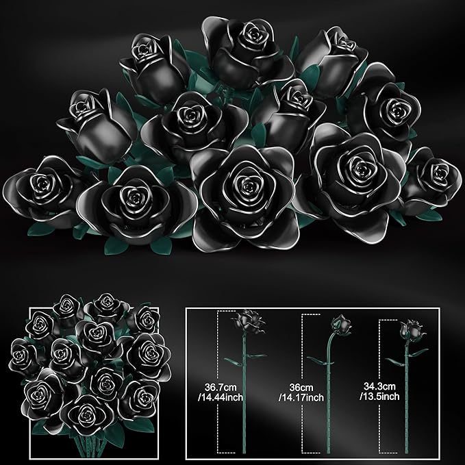 Black Rose Building Blocks Set for Kids, 634PCS Flower Bouquet Brick Toy, Romantic Gift for Girls, Women, Valentine's Day, Birthday, Mother's Day, Halloween, DIY Artificial Plant for Home Decor