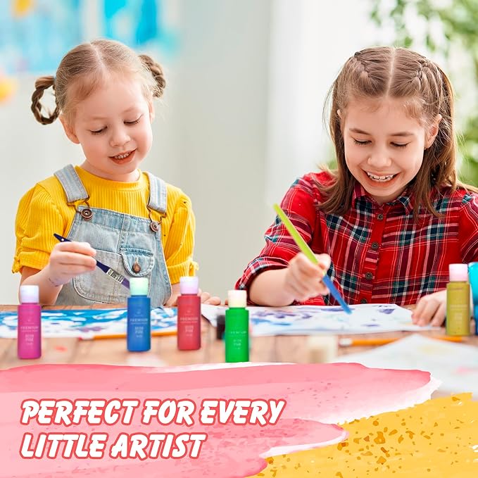 Kids Tempera Paint Set | Value Pack Includes 40 Washable Non-Toxic Colorful Paints (2oz bottles) & 15 Brushes | Metallic, Neon, Glow In The Dark, Glitter Paints | Paint For Arts & Crafts, Fun Projects