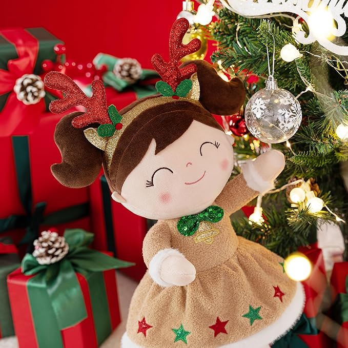 Gloveleya Christmas Reindeer Girl Plush Doll – 16" Soft Stuffed Animal Holiday Toy with Antlers, Gift Box & Card, Xmas Present for Toddler Girls, Baby Shower & Birthday Gift