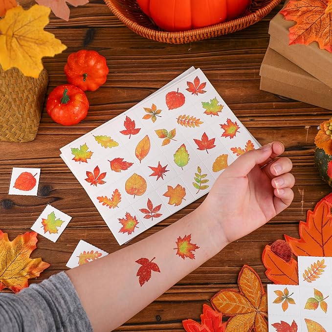 Landhoow 240 Pcs Fall Glitter Temporary Tattoos Fall Leaves Glitter Tattoos Maple Elm Leaves Seasonal Face Temporary Sticker for Autumn Themed Party Body Face Supply